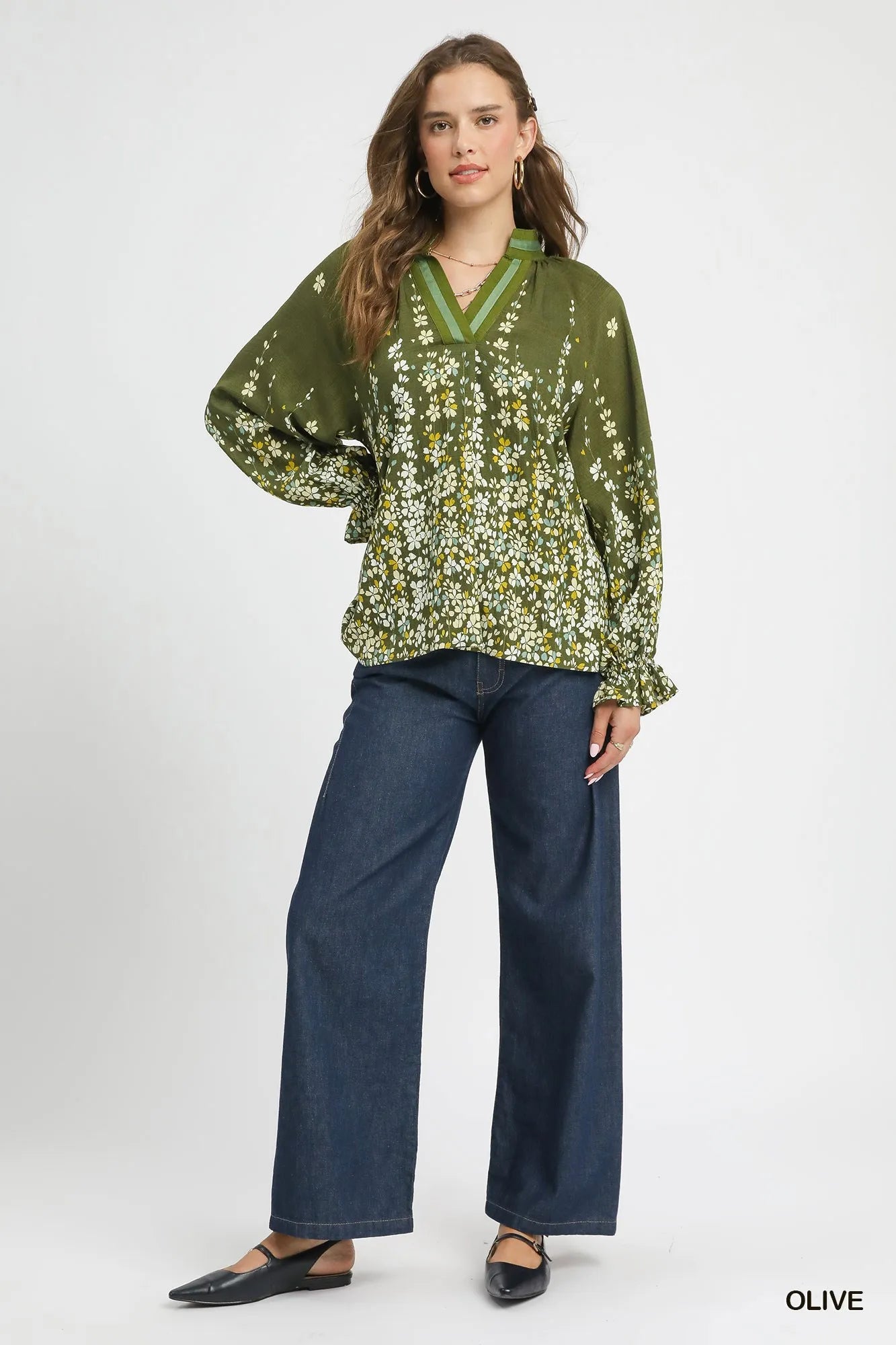 Umgee Olive Floral Vine Print Blouse with Balloon Sleeves