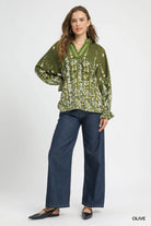 Umgee Olive Floral Vine Print Blouse with Balloon Sleeves