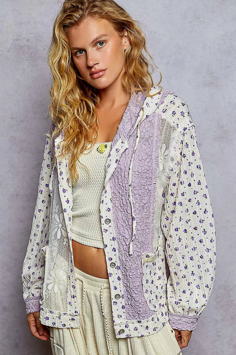 POL Lavender Floral Balloon Sleeve Hooded Lace Jacket with Stitch Detail Lavender