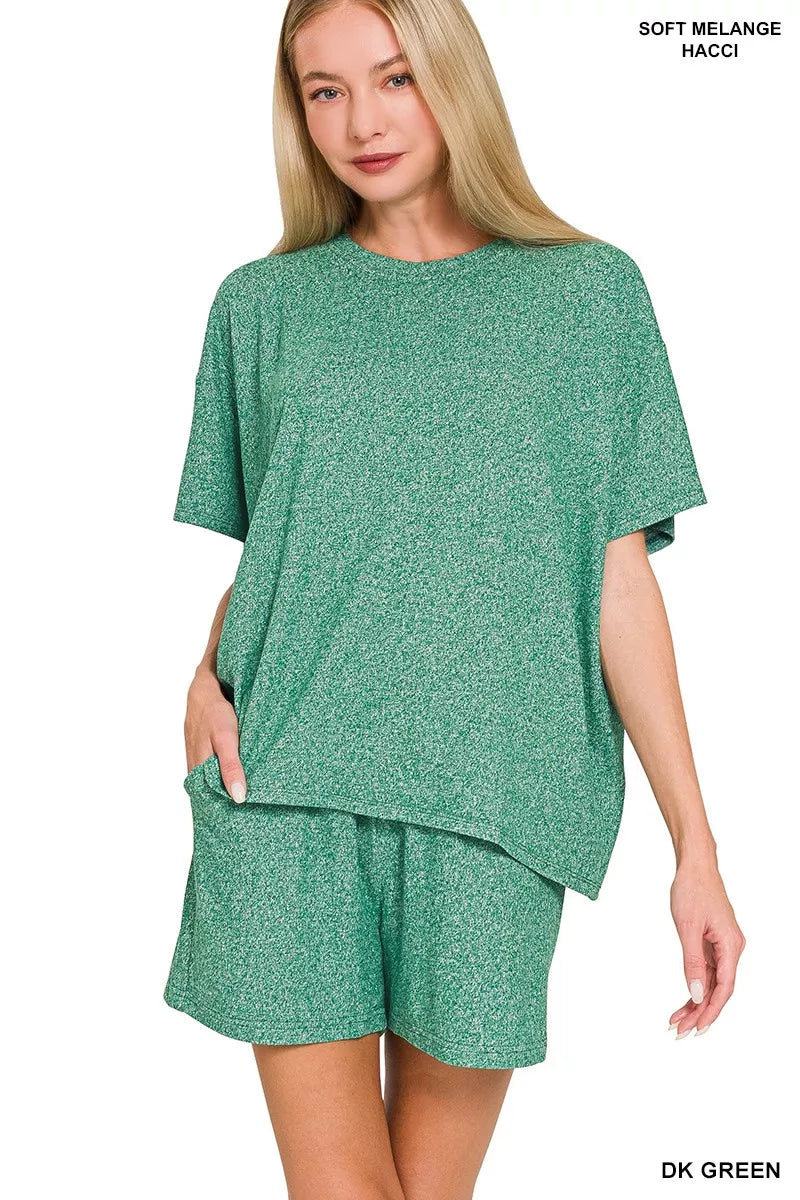 Zenana Dark Green Soft Melange Short Sleeve Tee and Shorts Set DK GREEN