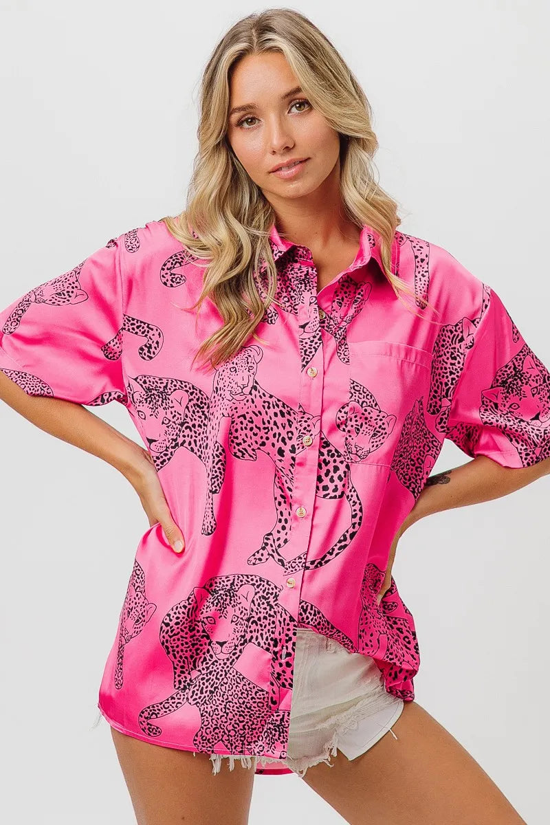BiBi Fuchsia Leopard Print Short Sleeve Silky Satin Shirt Blouse