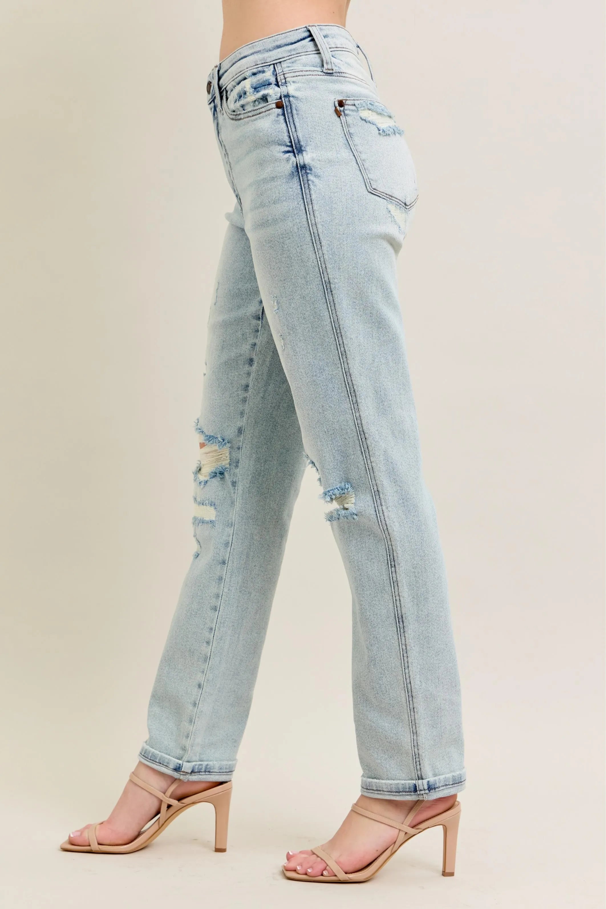 Judy Blue Midrise Repair Stitch Detail Destroy Single Cuff Boyfriend Jeans