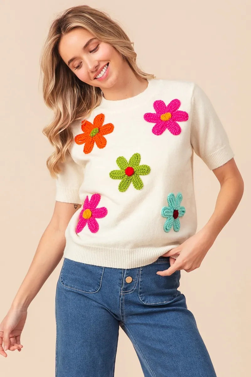 BiBi Ivory Crochet Flower Patch Sweater Top
