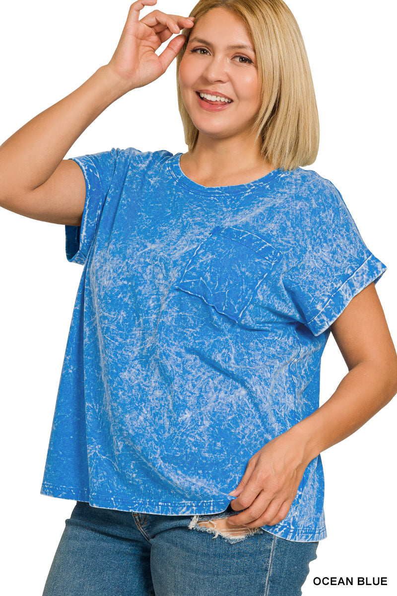 Zenana Ocean Blue Crinkle Washed Round Neck Folded Short Sleeve Tee