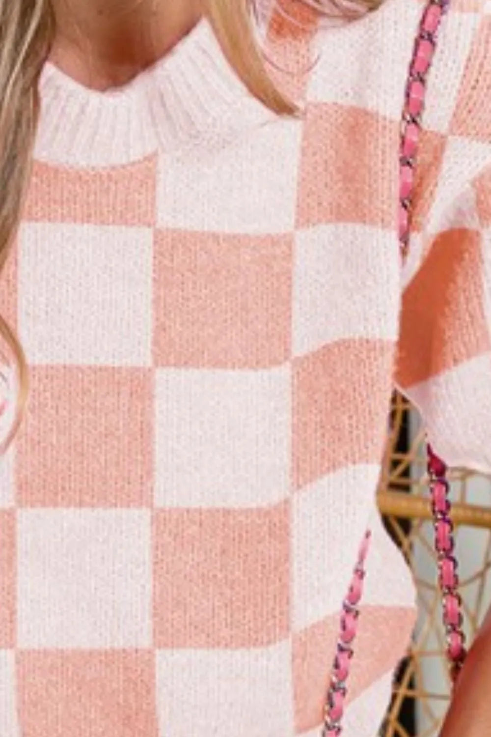 BiBi Ivory & Coral Check Pattern Short Puff Sleeve Sweater Top