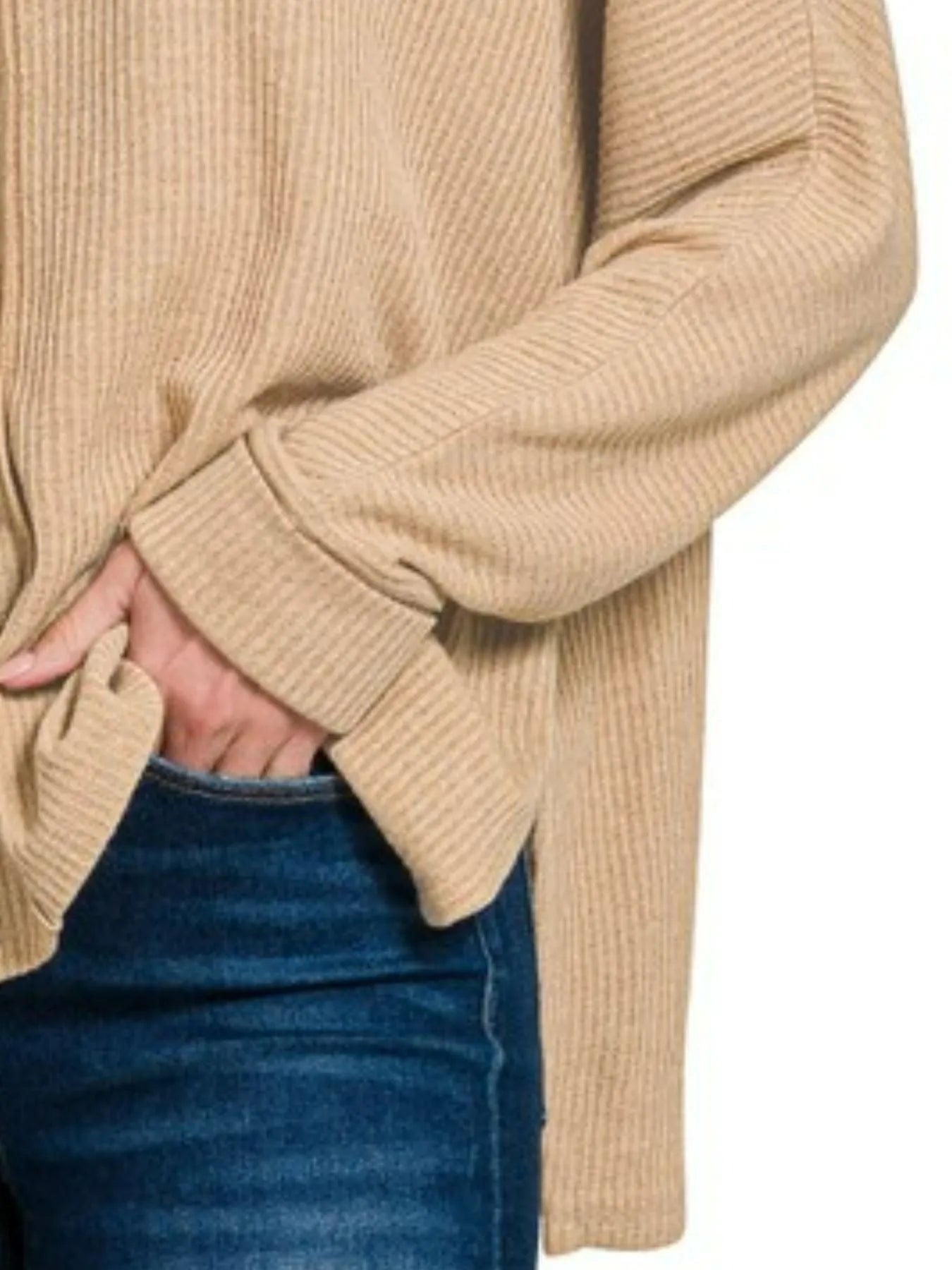 Zenana Beige Ribbed Center Seam Dolman Sleeve Hi Low Sweater