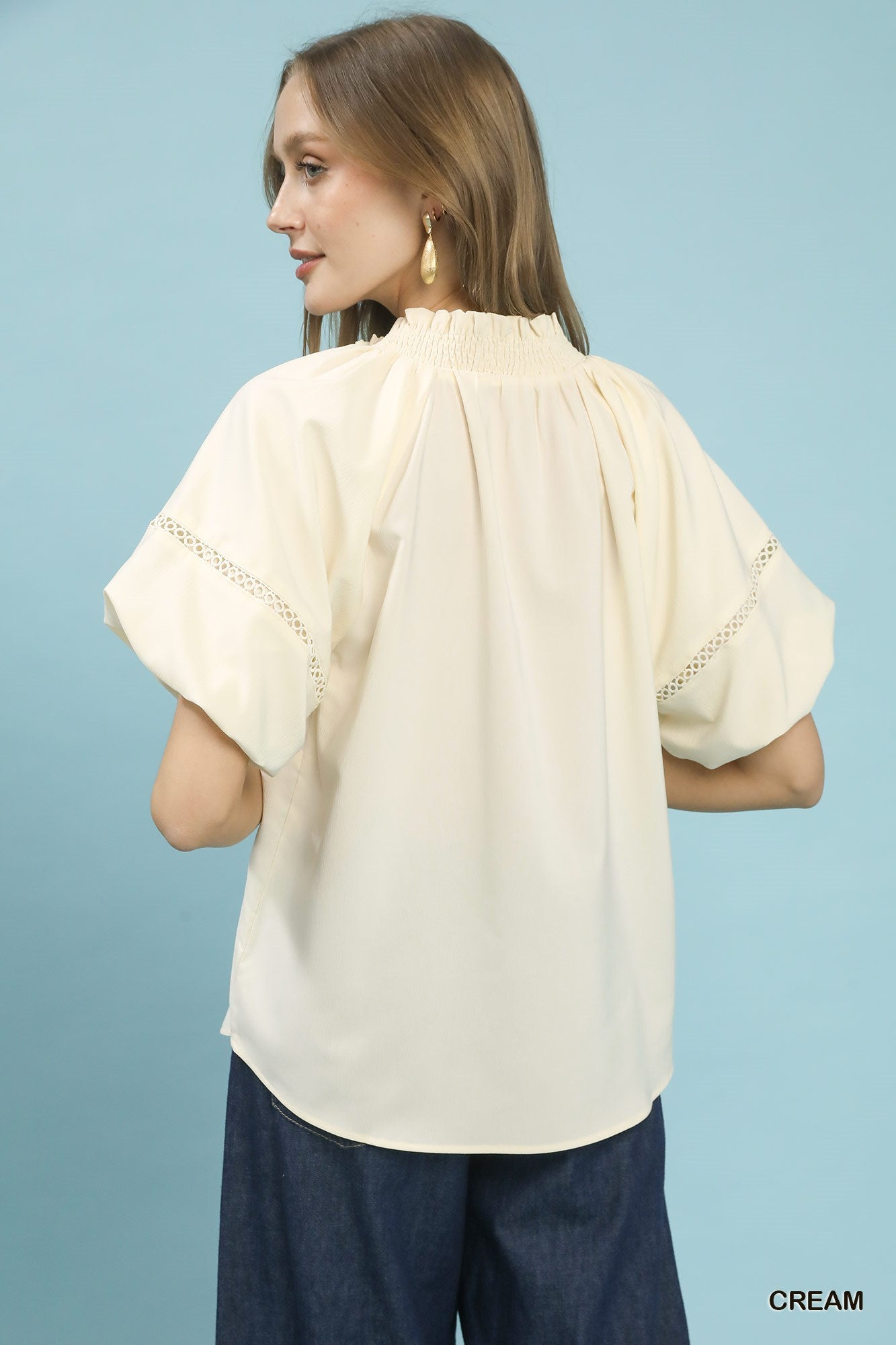 Umgee Cream Lace Trim Peasant Top