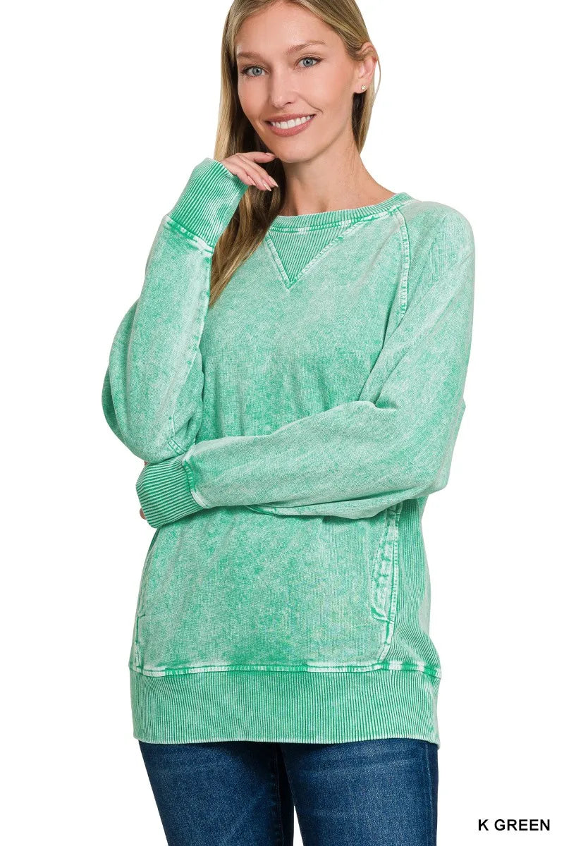 Zenana Kelly Green Washed Halo Snow French Terry Round Neck Sweatshirt