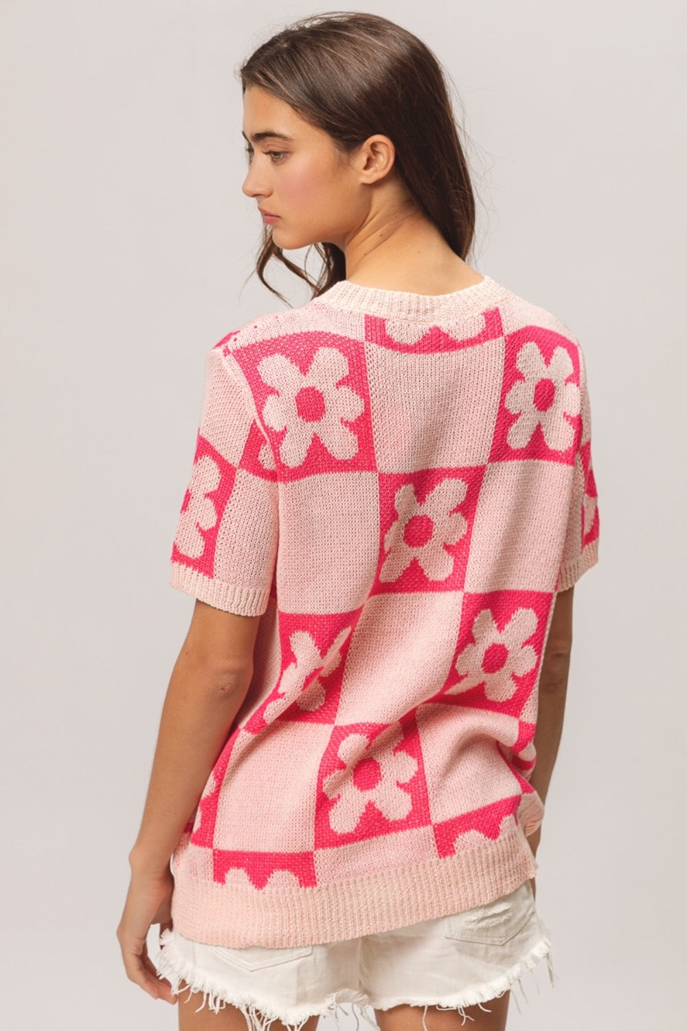 BiBi Blush Flower Checker Pattern Short Sleeve Sweater Shirts & Tops