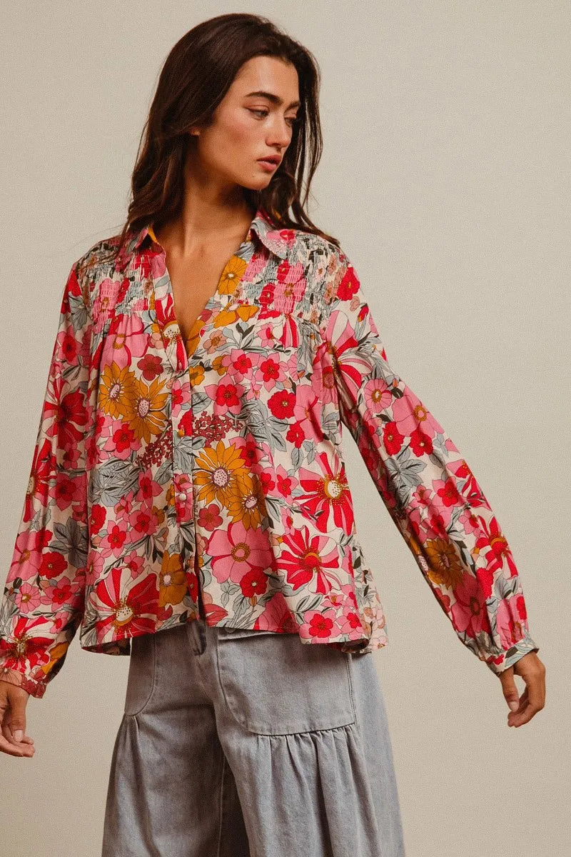 BiBi Woven Floral Printed Long Sleeve Blouse