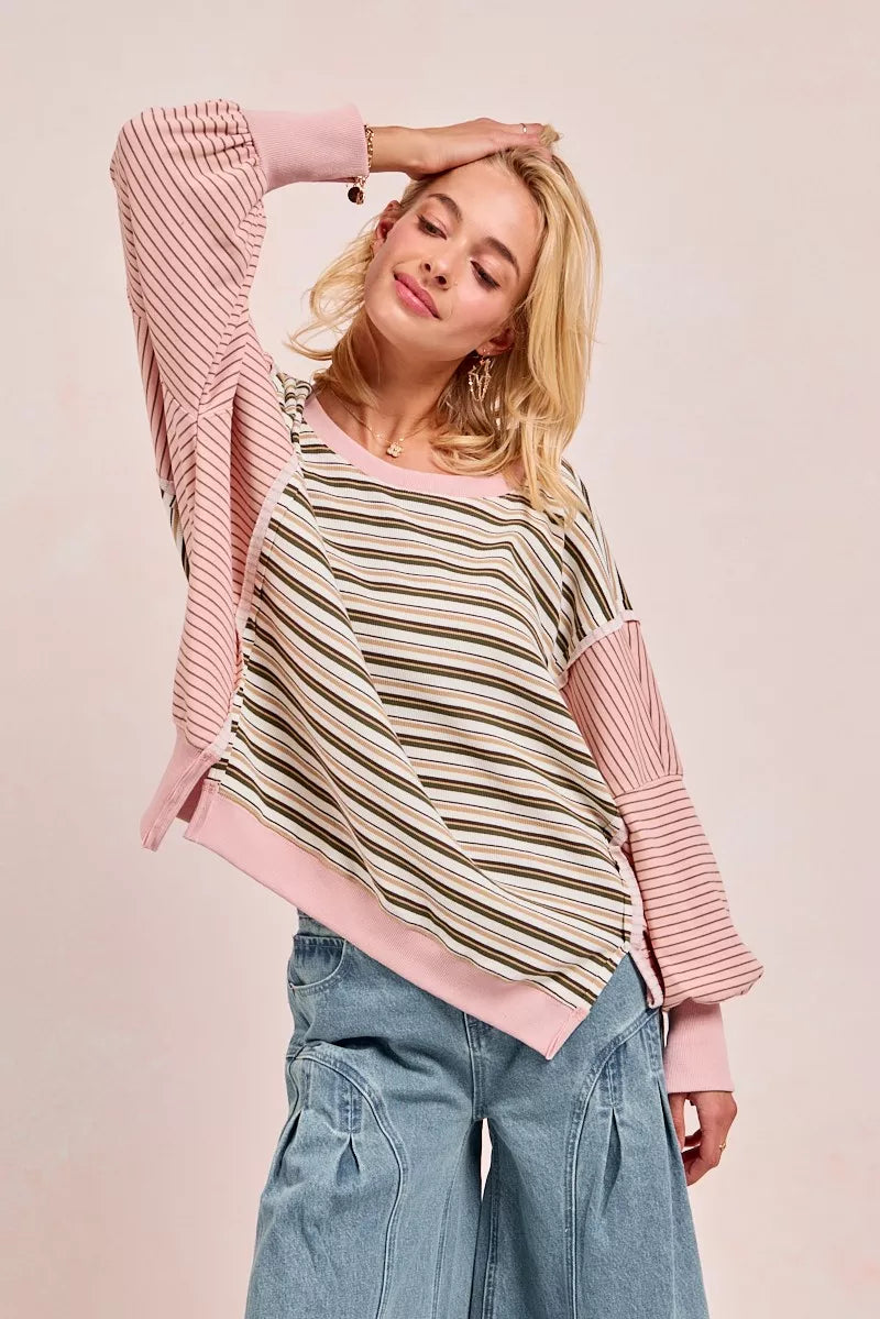 BiBi Oatmeal & Pink Stripe Mixed Top With Cut Edge And Reverse Outseams