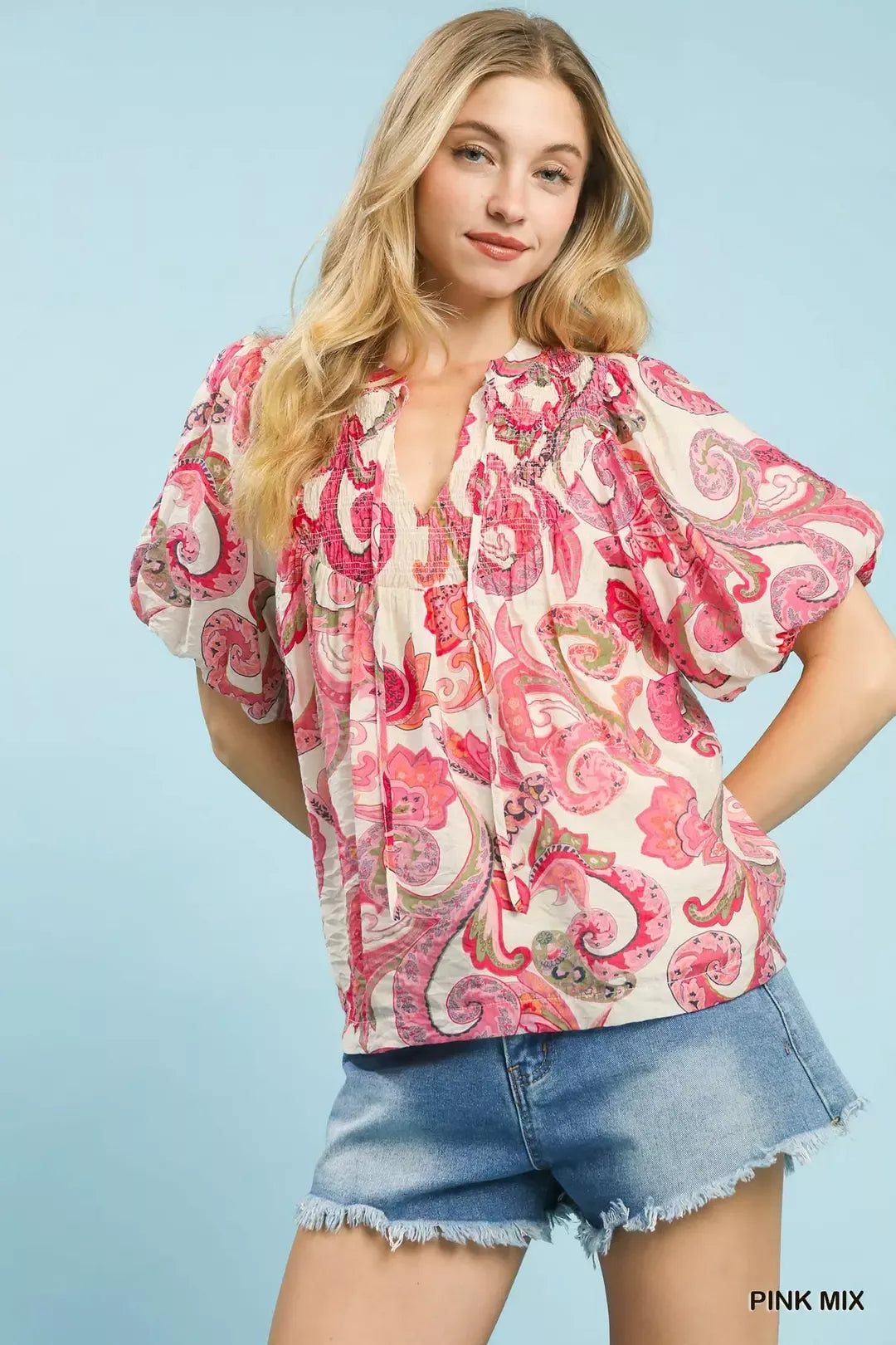Umgee Pink Mix Paisley Print Peasant Top with Tie Neck PINK MIX