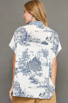 Umgee Blue Two Tone Toile Print Button Up Short Sleeve Blouse