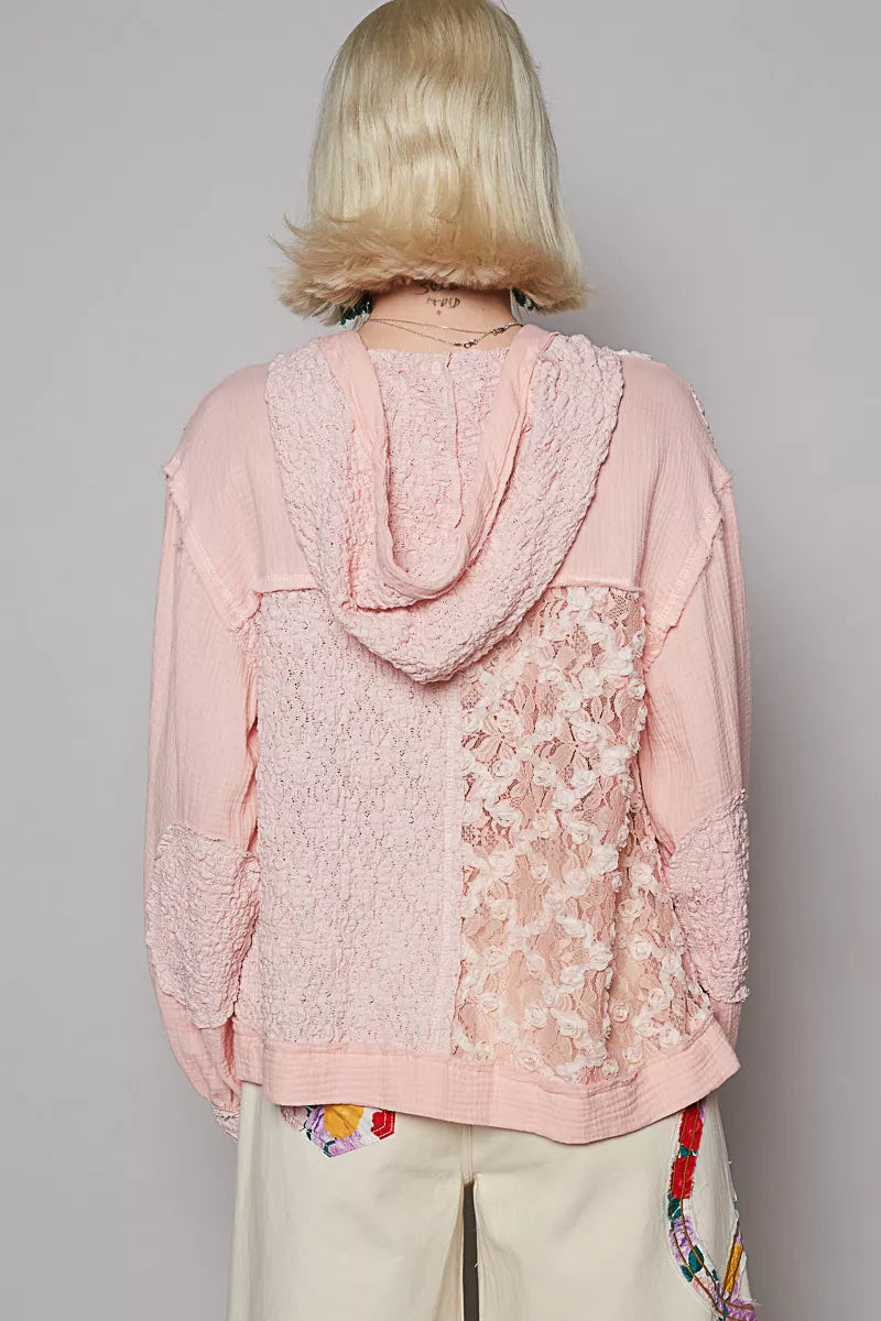 POL Powder Pink Exposed Seam Button Down Hooded Jacket with Lace Detail