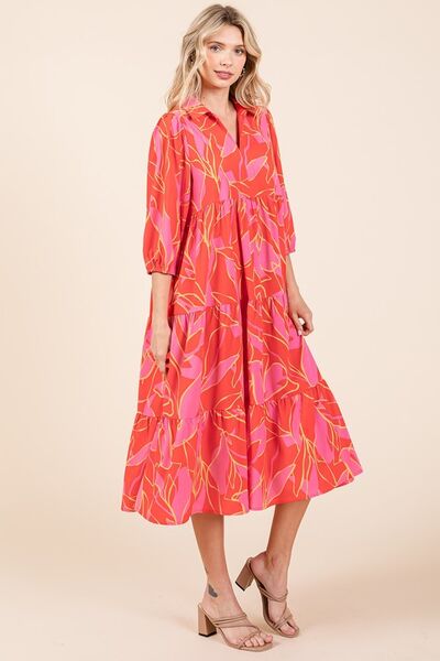 Mittoshop Coral Tiered Printed Collared Neck Midi Dress