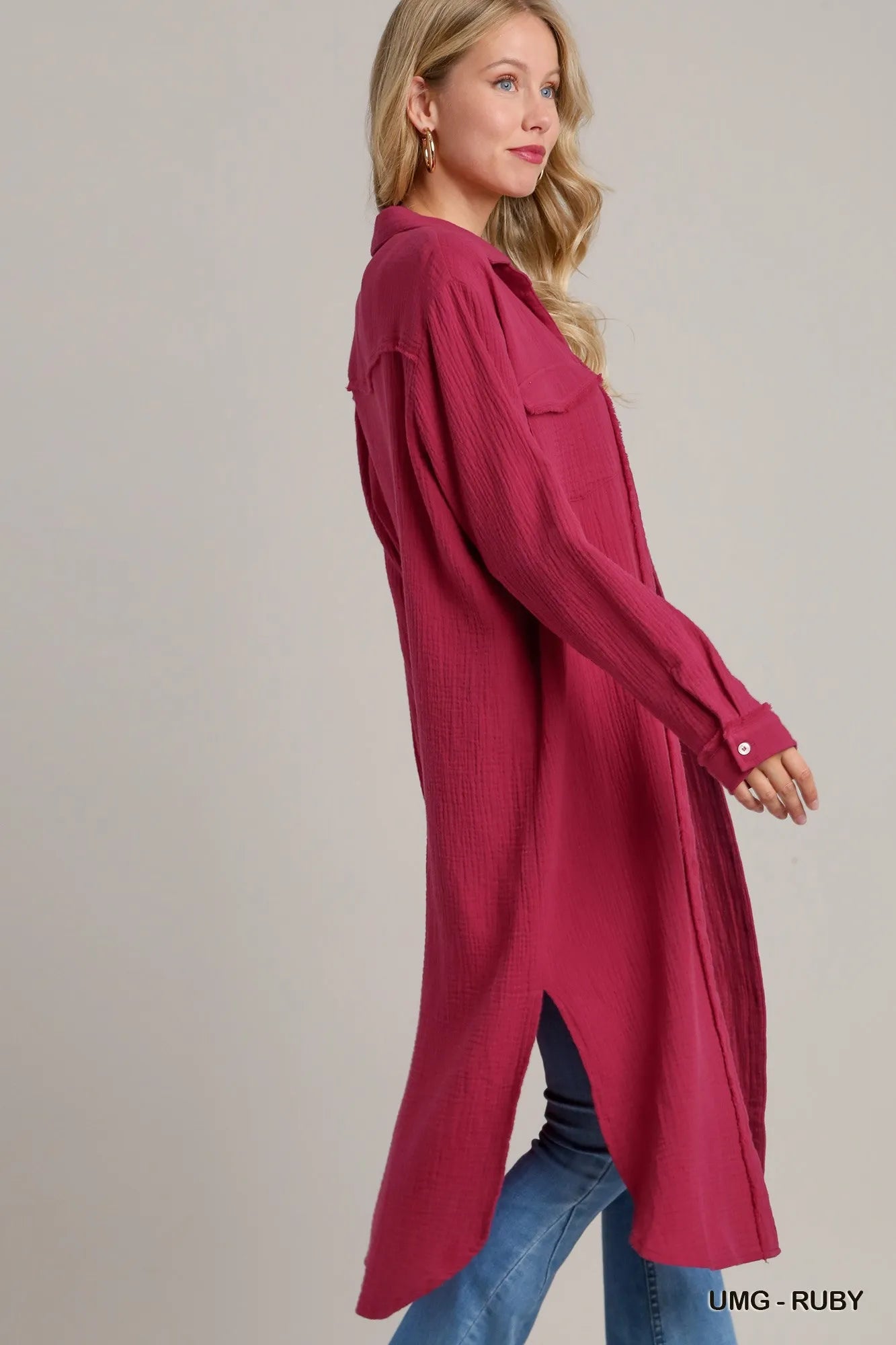 Umgee Ruby Cotton Gauze Button Down Shirt Dress