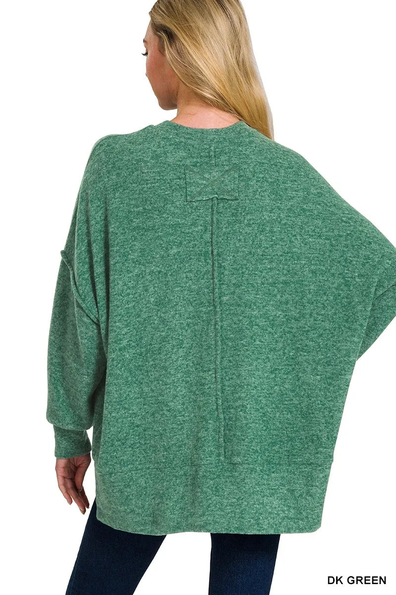 Zenana Dark Green Brushed Melange Hacci Oversized Sweater