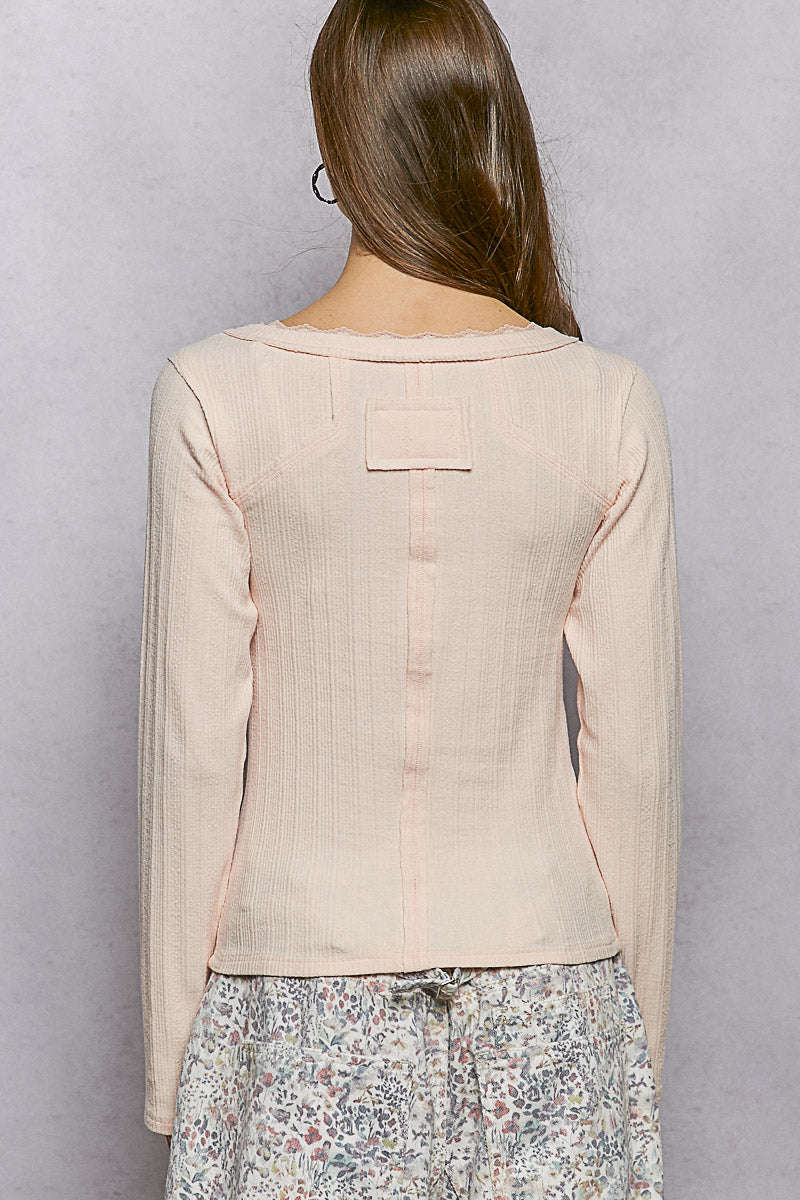 POL Blush V-Neck Long Sleeve Ribbed Top with Lace-Accent Neckband