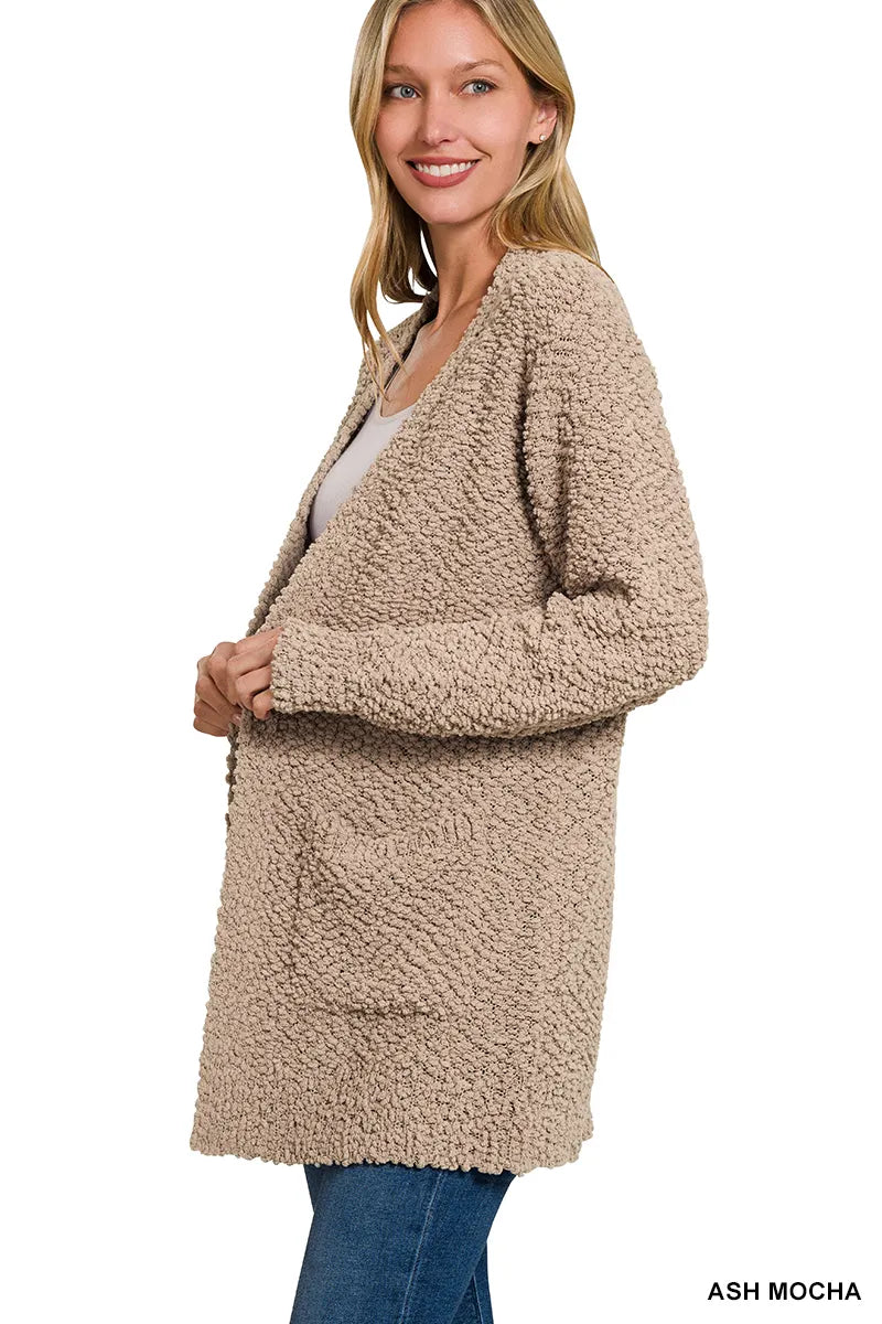 Zenana Ash Mocha Long Sleeve Popcorn Sweater Cardigan with Pockets