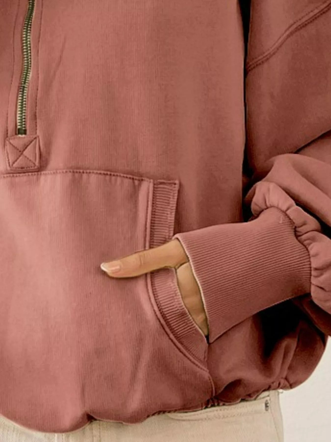 BiBi Terracotta Stitch Detailed Elastic Hem Half Zip Fleece Hoodie