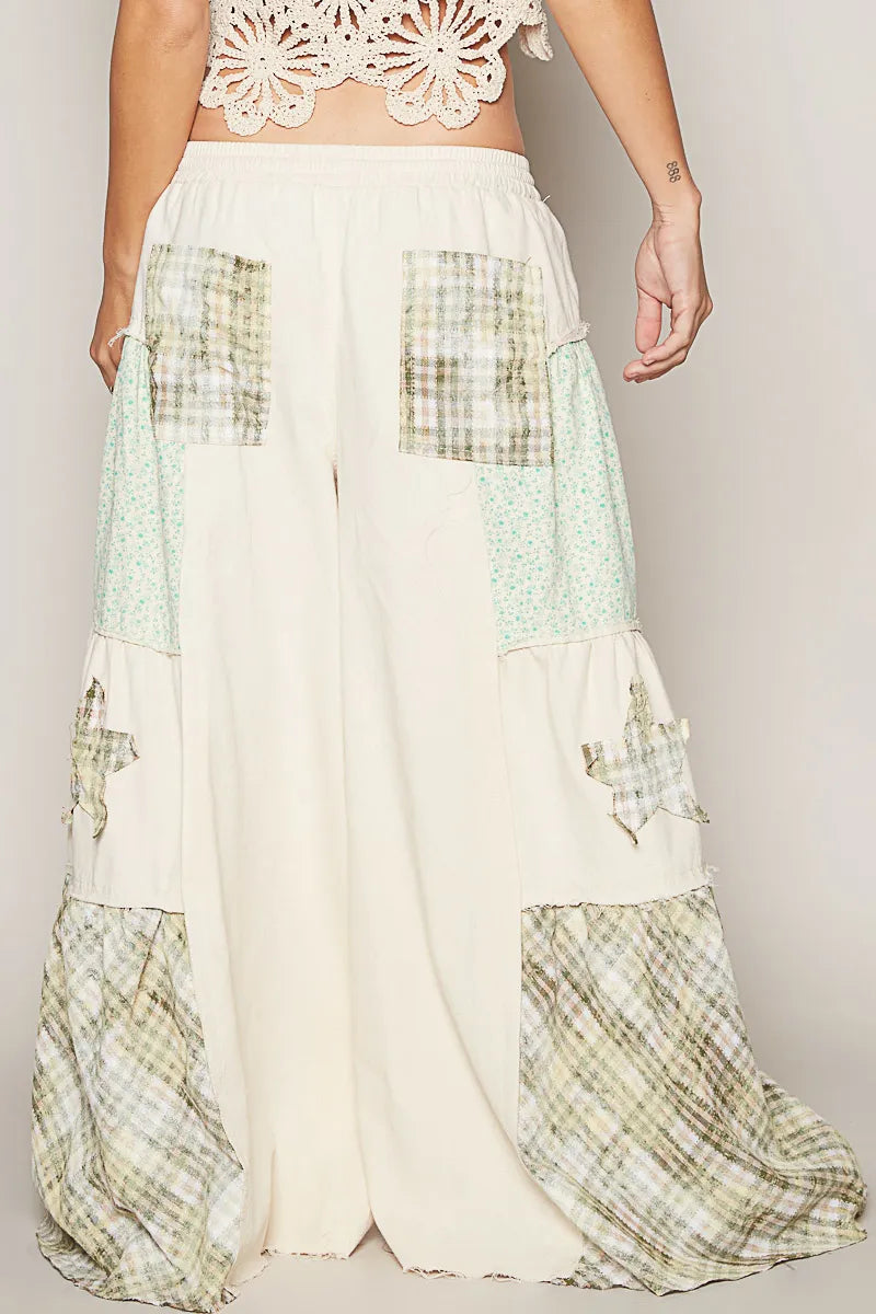 POL Cream Drawstring Star Patch Contrast Wide Leg Pants