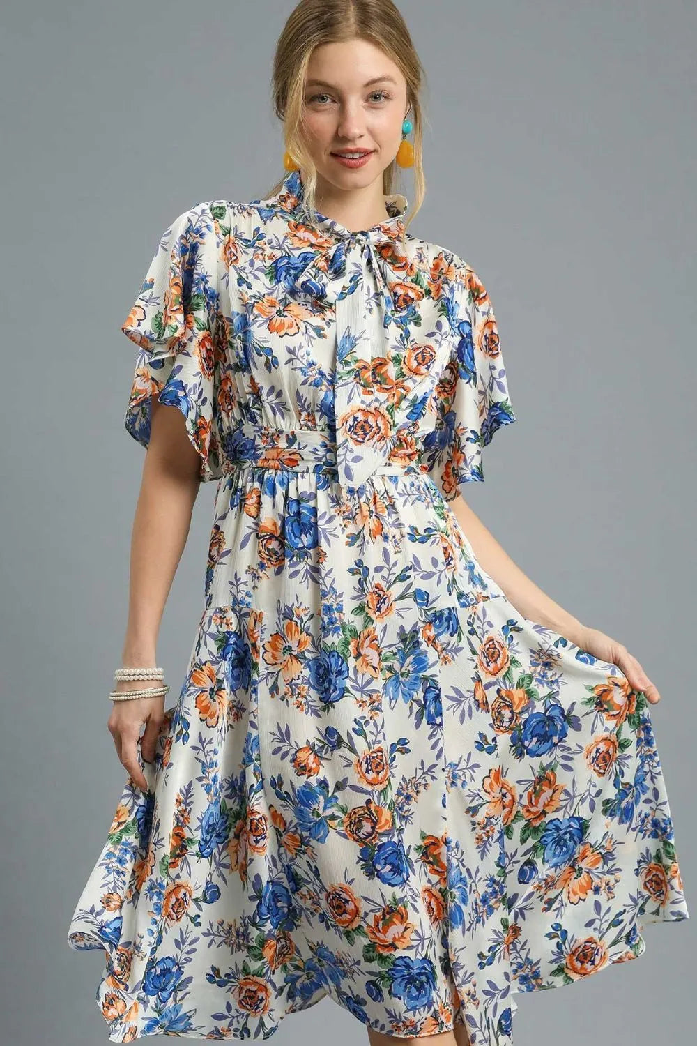 Umgee Royal Blue Flutter Sleeve Bow Tie Floral Midi Dress