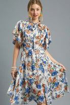 Umgee Royal Blue Flutter Sleeve Bow Tie Floral Midi Dress