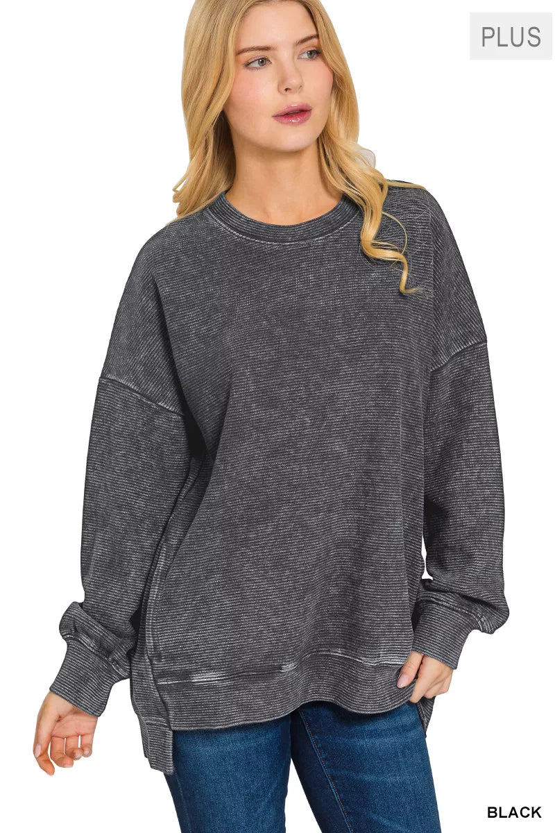 Zenana Black Acid Washed Double Ribbed Hi-low Sweatshirt