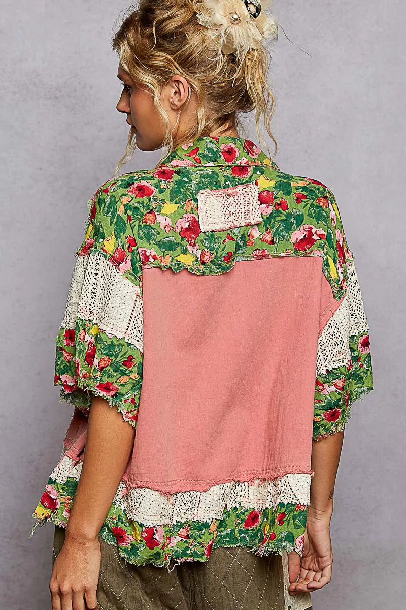 POL Guava Pink Multi Lace Patch Floral Half Sleeve Woven Jacket