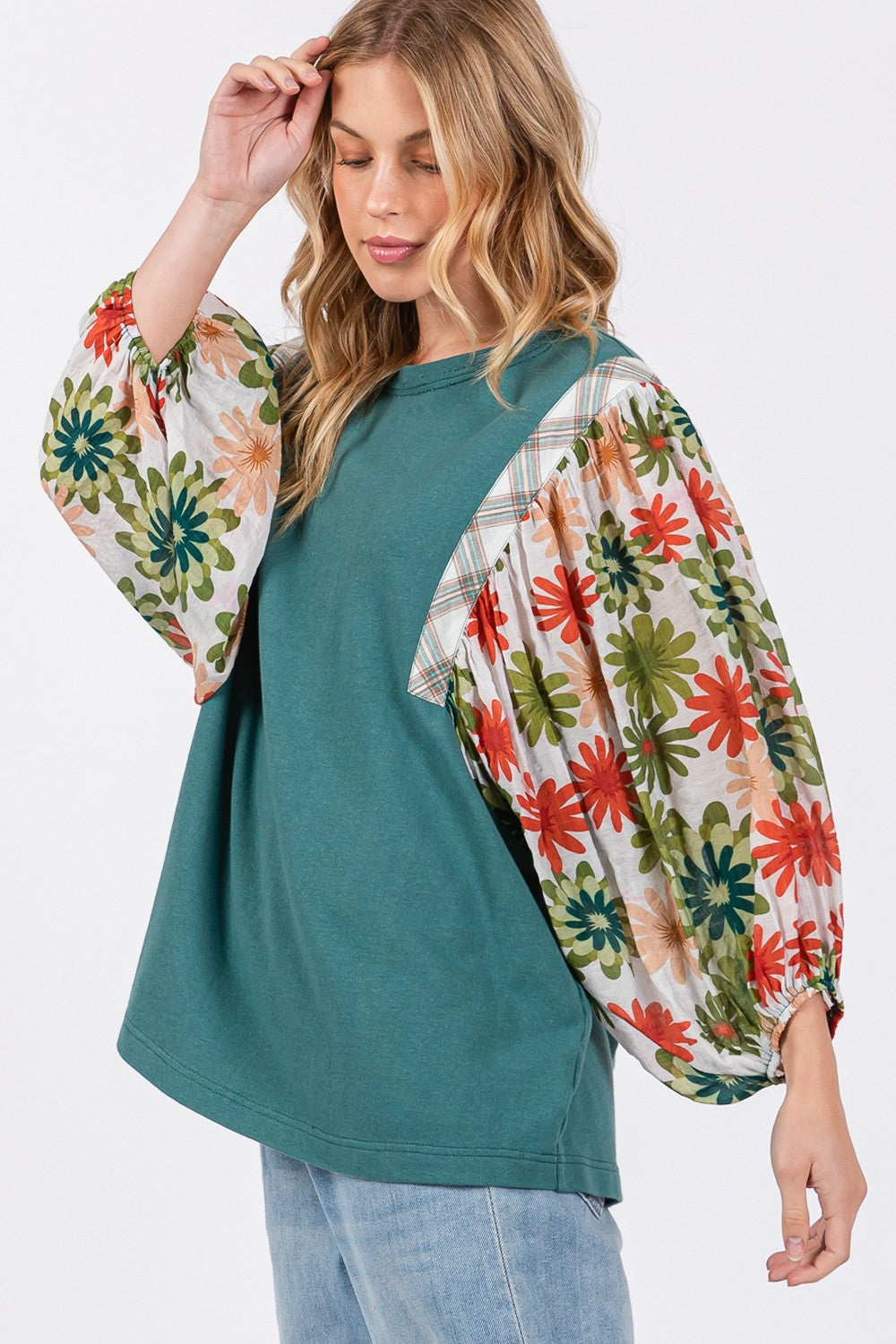 SAGE + FIG Teal Printed Balloon Sleeve Contrast Top Shirts & Tops