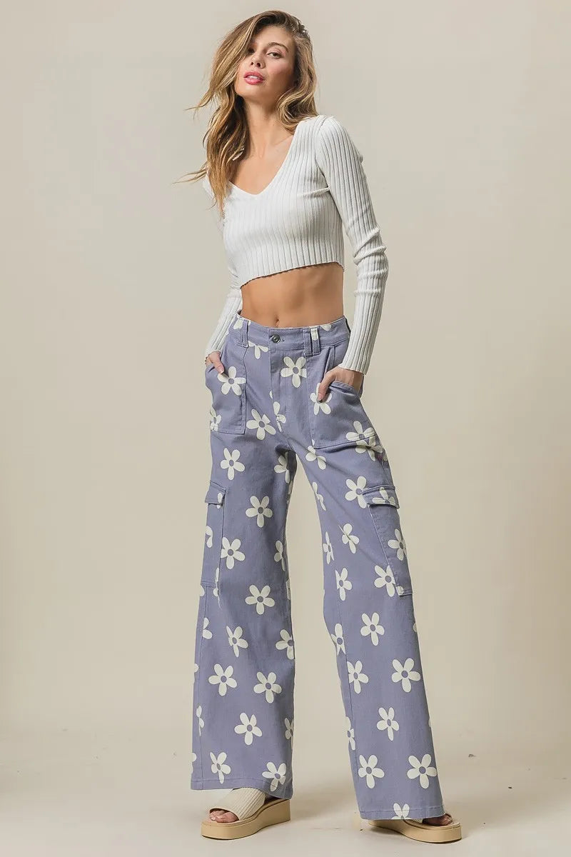 BiBi Dusty Lavender Flower Printed Side Pocket Wide Pants