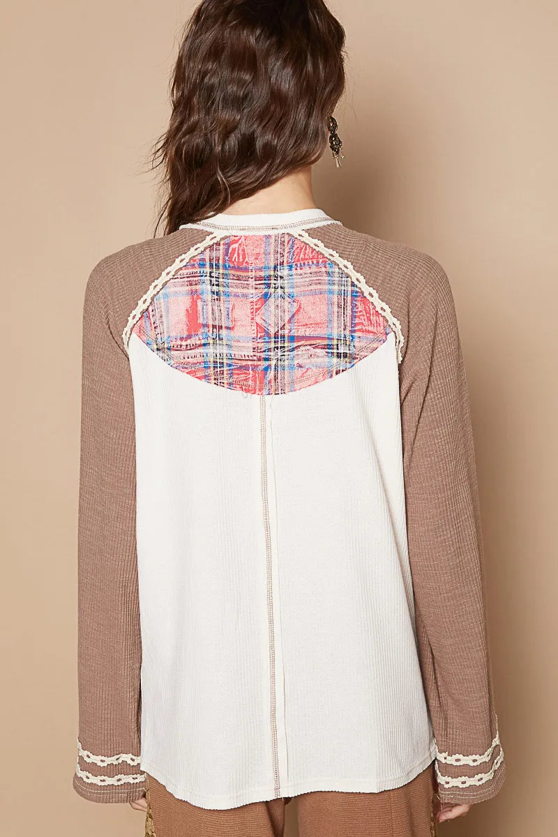 POL Mocha Plaid Number 06 Raglan Sleeve T-Shirt