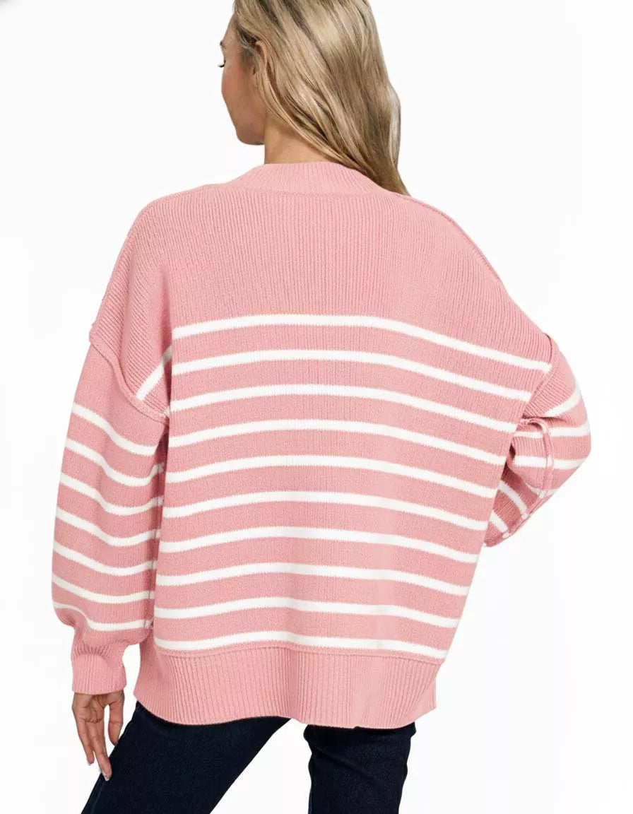 Zenana Dark Pink Exposed Seam Striped Oversized Sweater