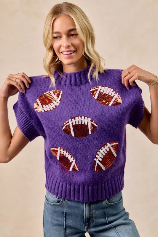 BiBi Purple Game Day Sequin Football Patches Rib Banded Sweater