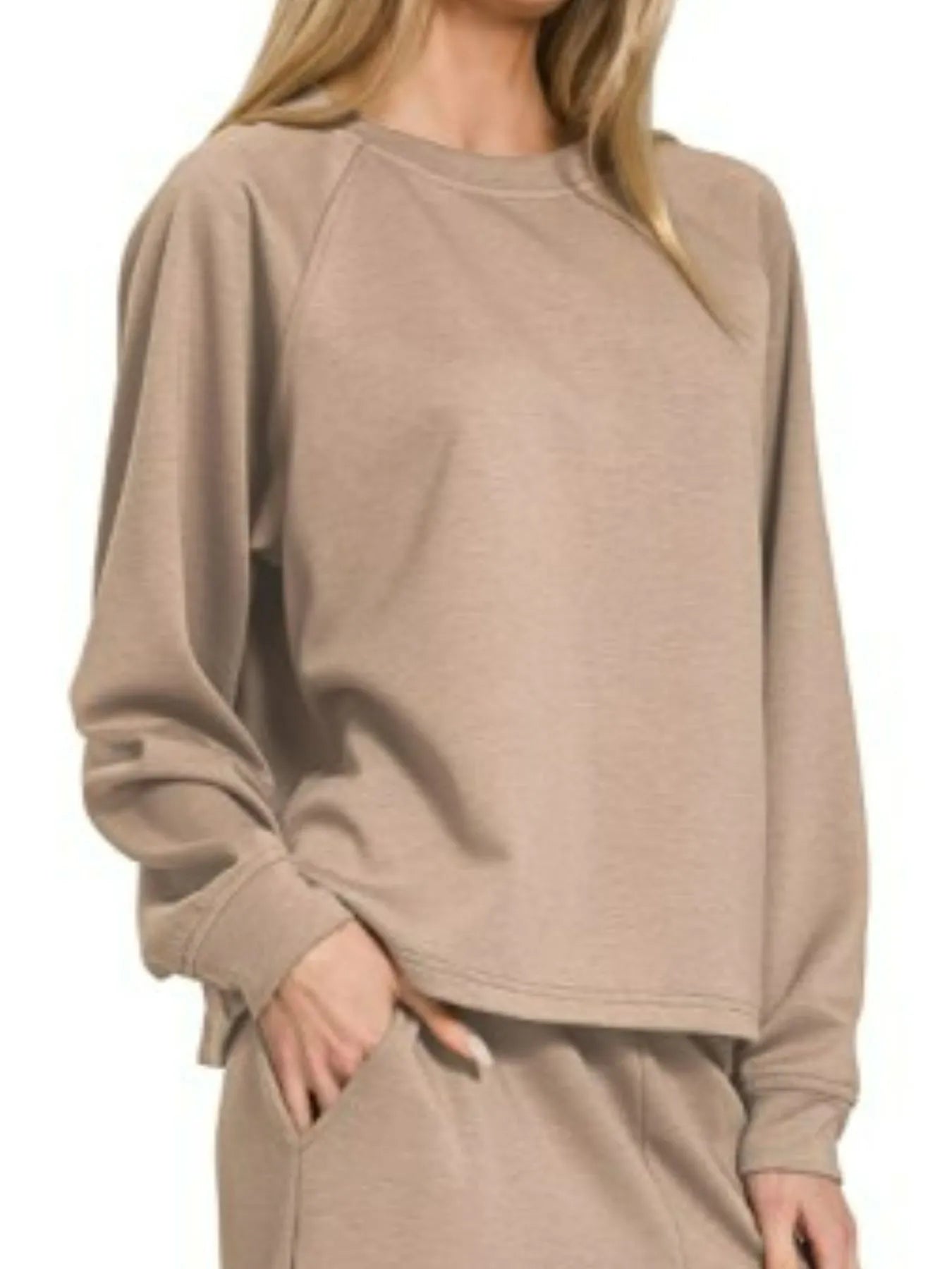 Zenana Cocoa Scuba Crewneck Pullover and Pants Set