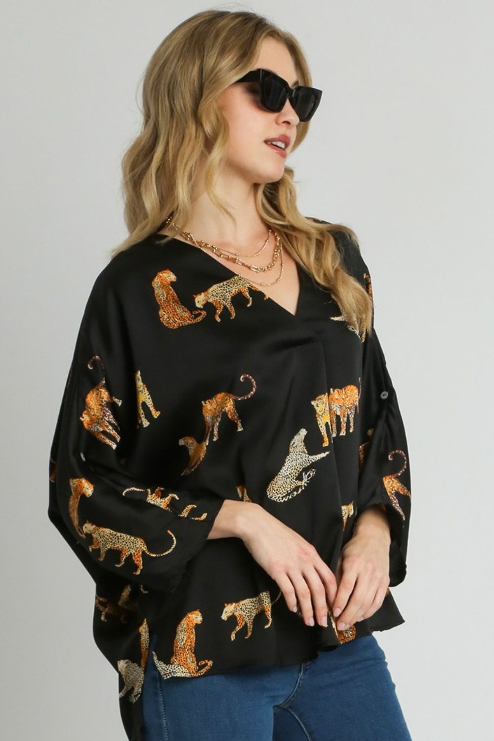 Umgee Black High-Low Satin Animal Print V-Neck Blouse Black