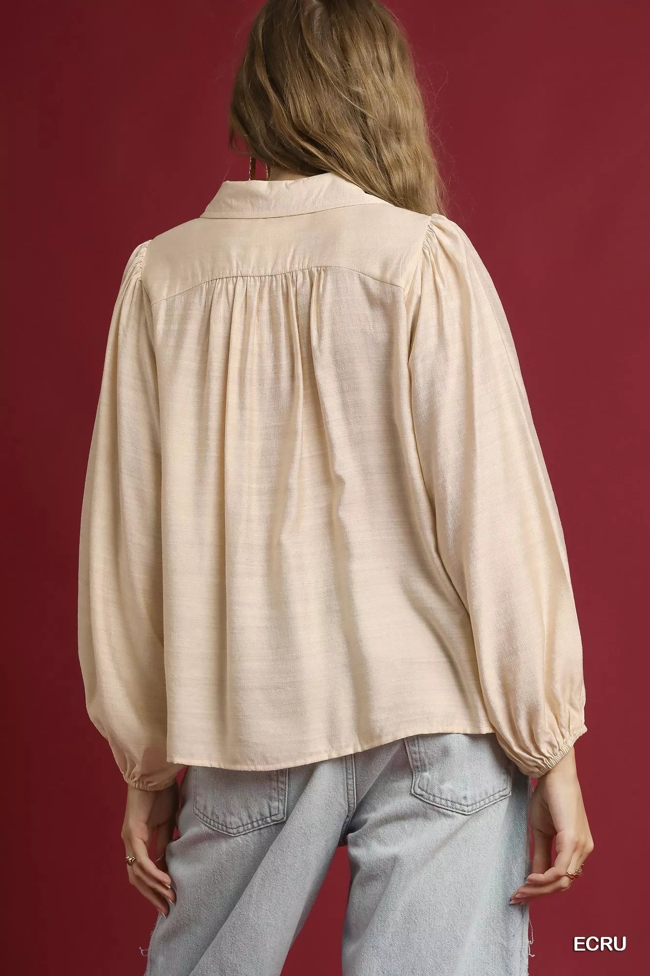 Umgee Ecru Long Sleeve Blouse with Leopard Print Trim