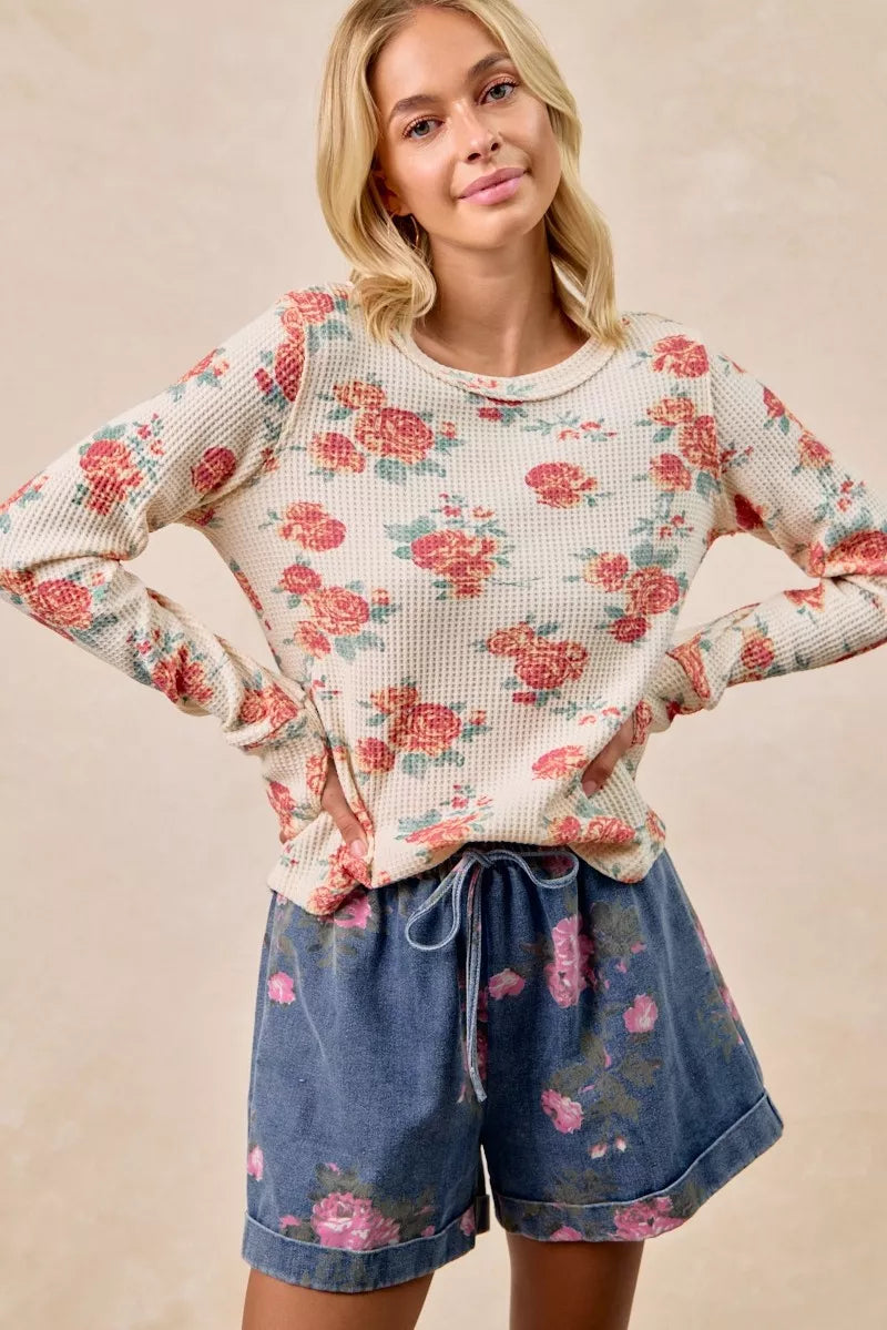 BiBi Oatmeal Floral Print Washed Waffle Thermal Top With Thumb