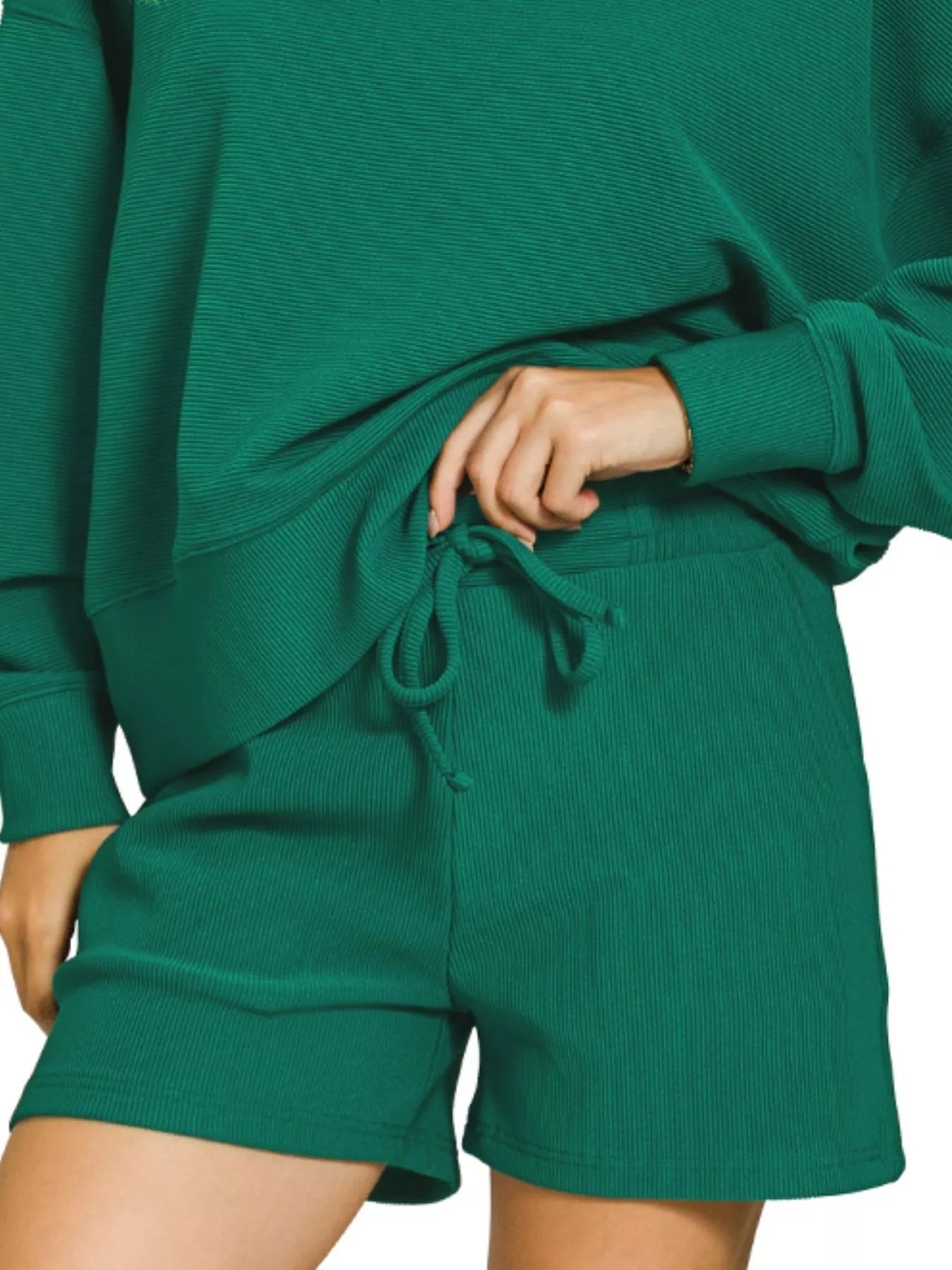 Zenana Hunter Green Ribbed Round Neck Pullover and Shorts Set