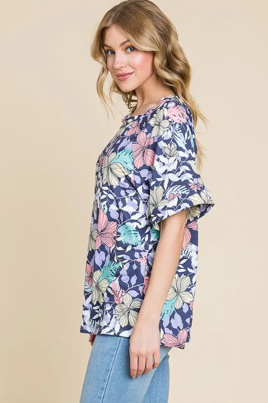 BOMBOM Floral Round Neck Short Sleeve T-Shirt