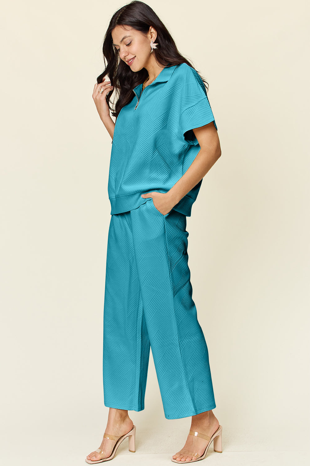 Double Take Quilted Textured Half Zip Short Sleeve Top and Pants Set Sets