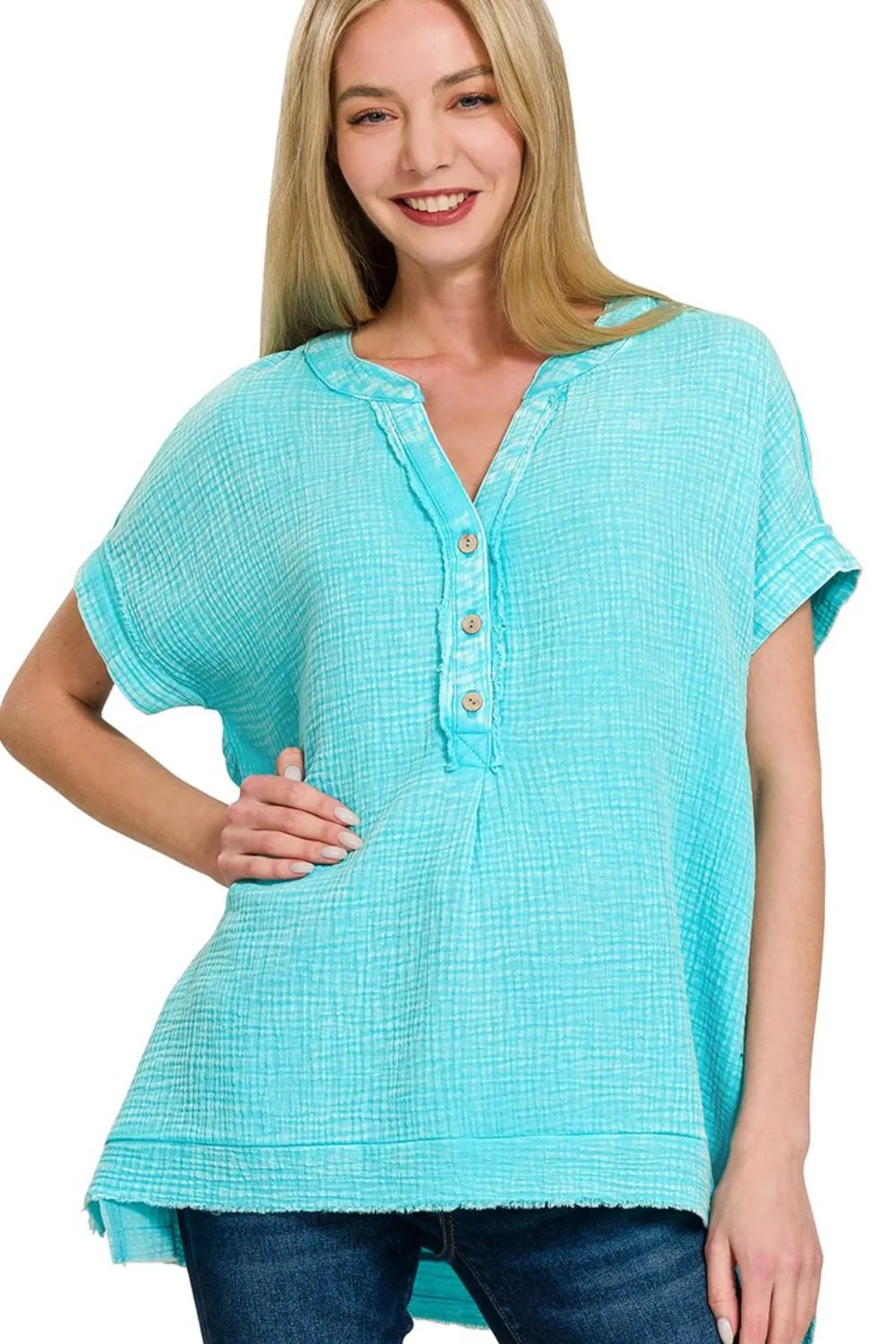 Zenana Mint Sky Washed Double Gauze 3/4 Button Henley Neck Shirt MINT SKY