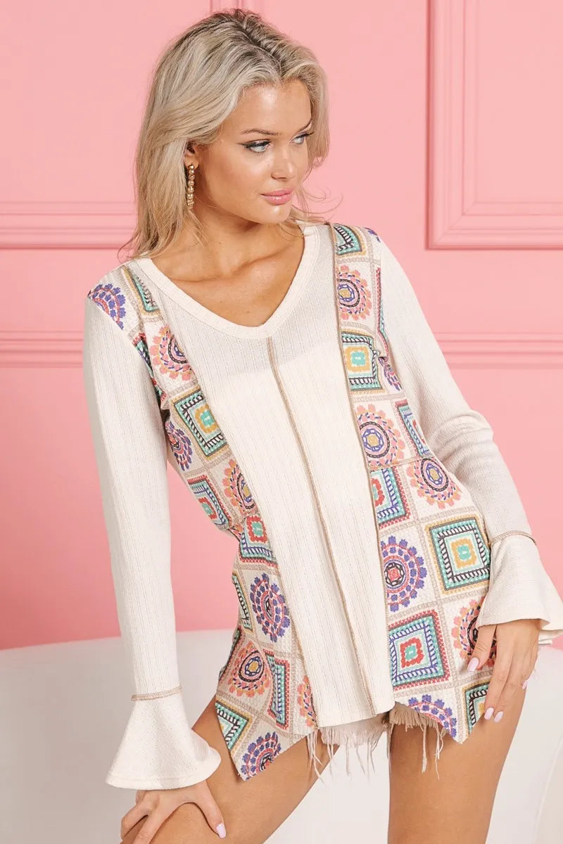 BiBi Cream Granny Square Print Contrast Annie Rib V Neck Top