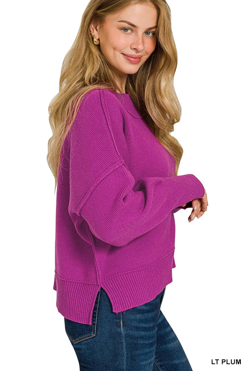 Zenana Light Plum Wide Neck Band Drop Shoulder Sweater