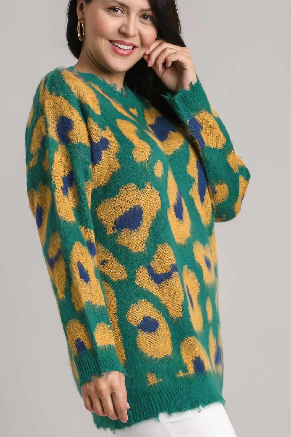 Umgee Green Leopard Destroyed Rib Band Sweater