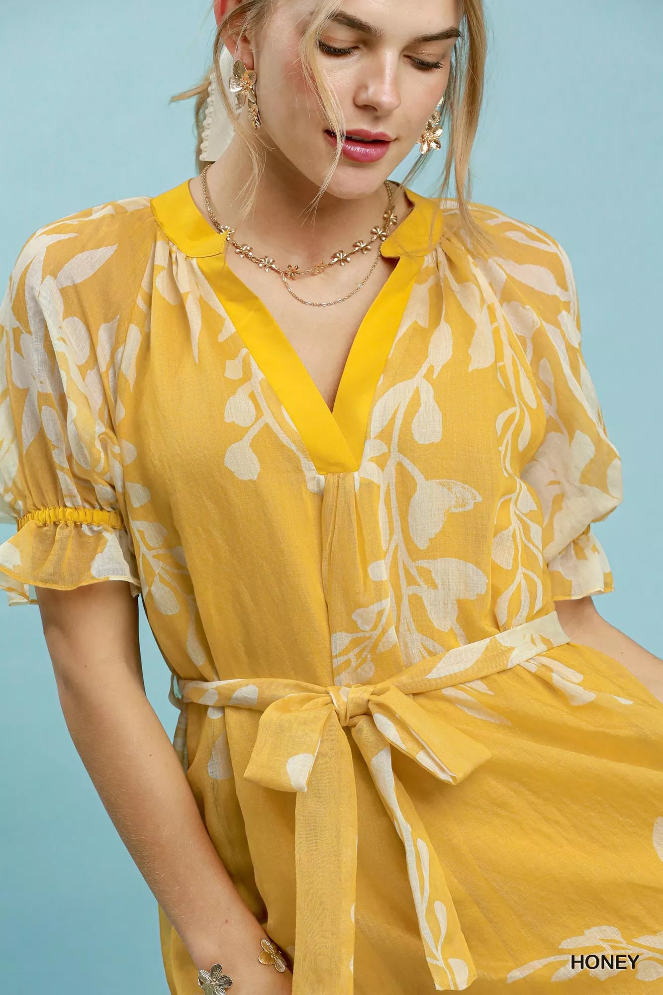 Umgee Honey Floral Print Tie Waist Midi Dress with Side Pockets