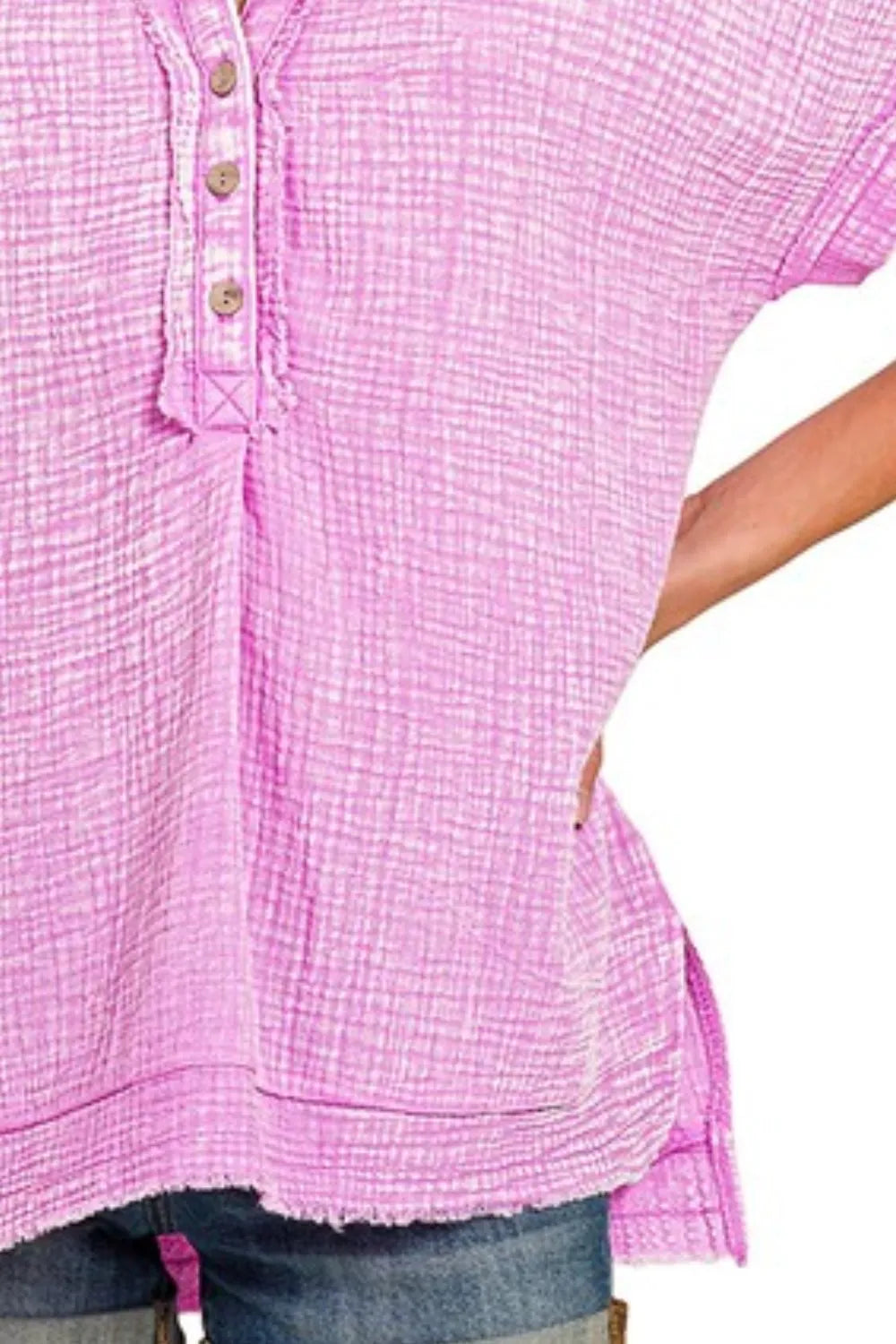 Zenana Bright Mauve Washed Double Gauze 3/4 Button Henley Neck Shirt