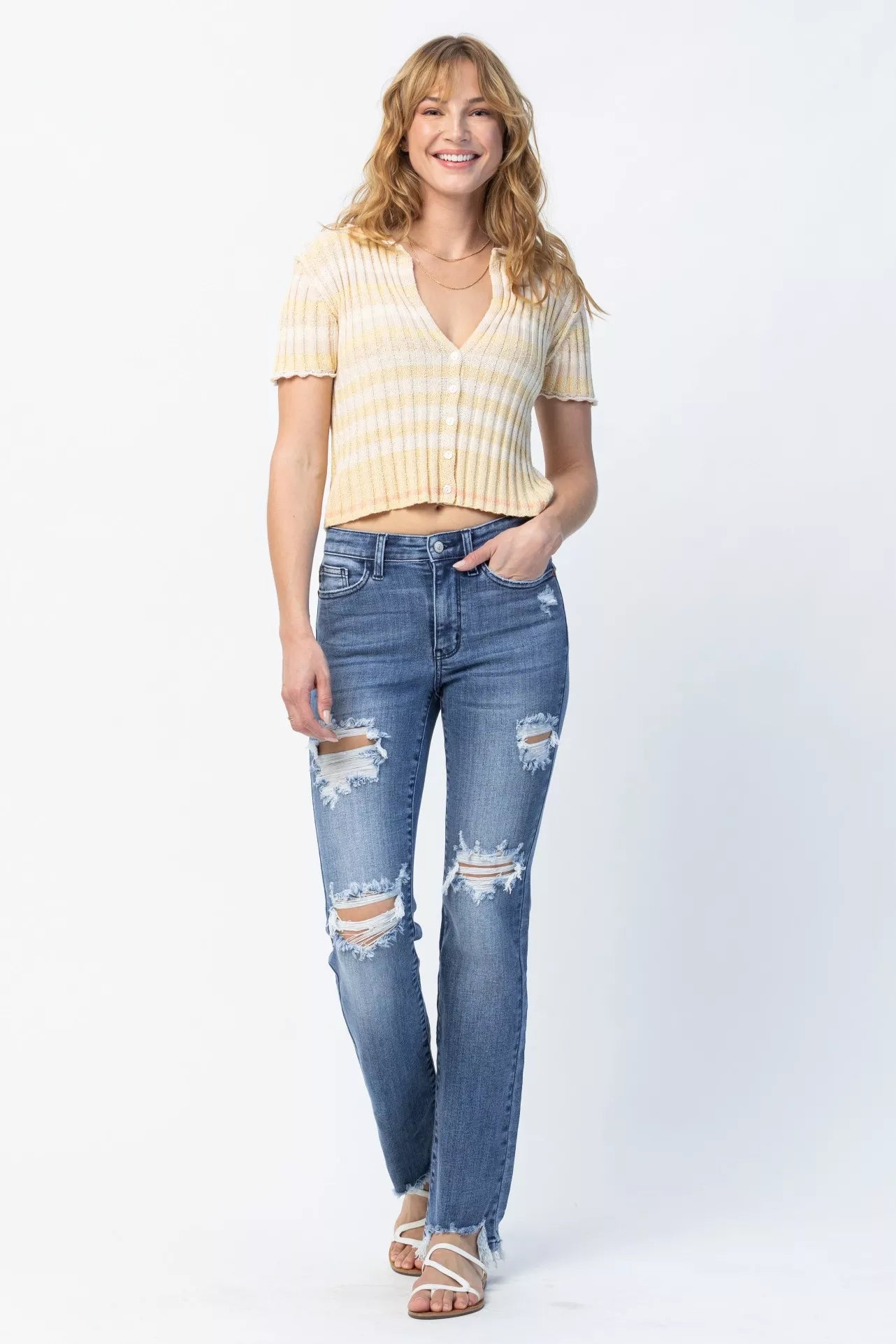 Judy Blue Medium Washed Mid Rise Destroyed Straight Jeans
