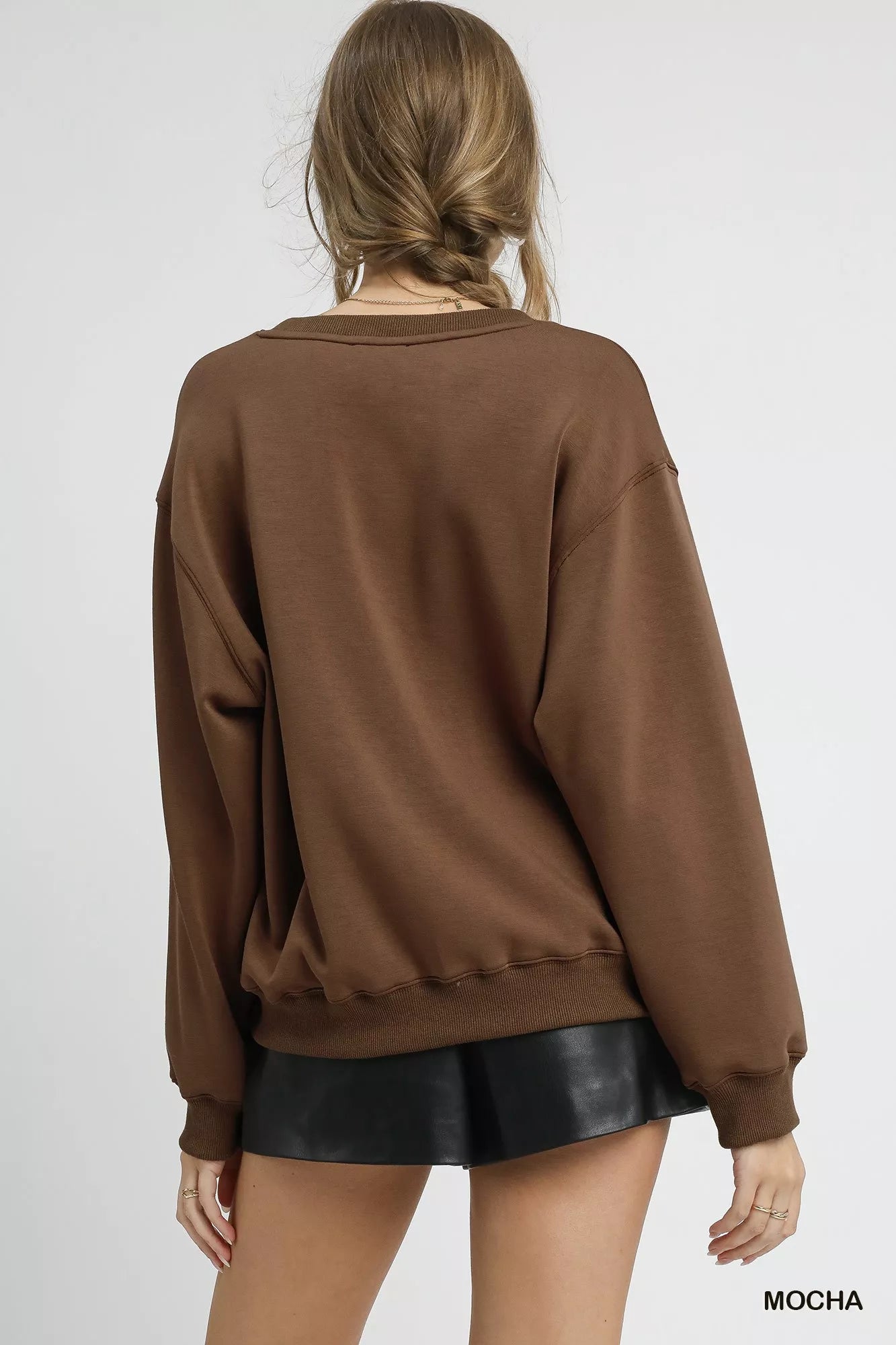 Umgee Mocha Round Neck Long Sleeve Fleece Sweatshirt