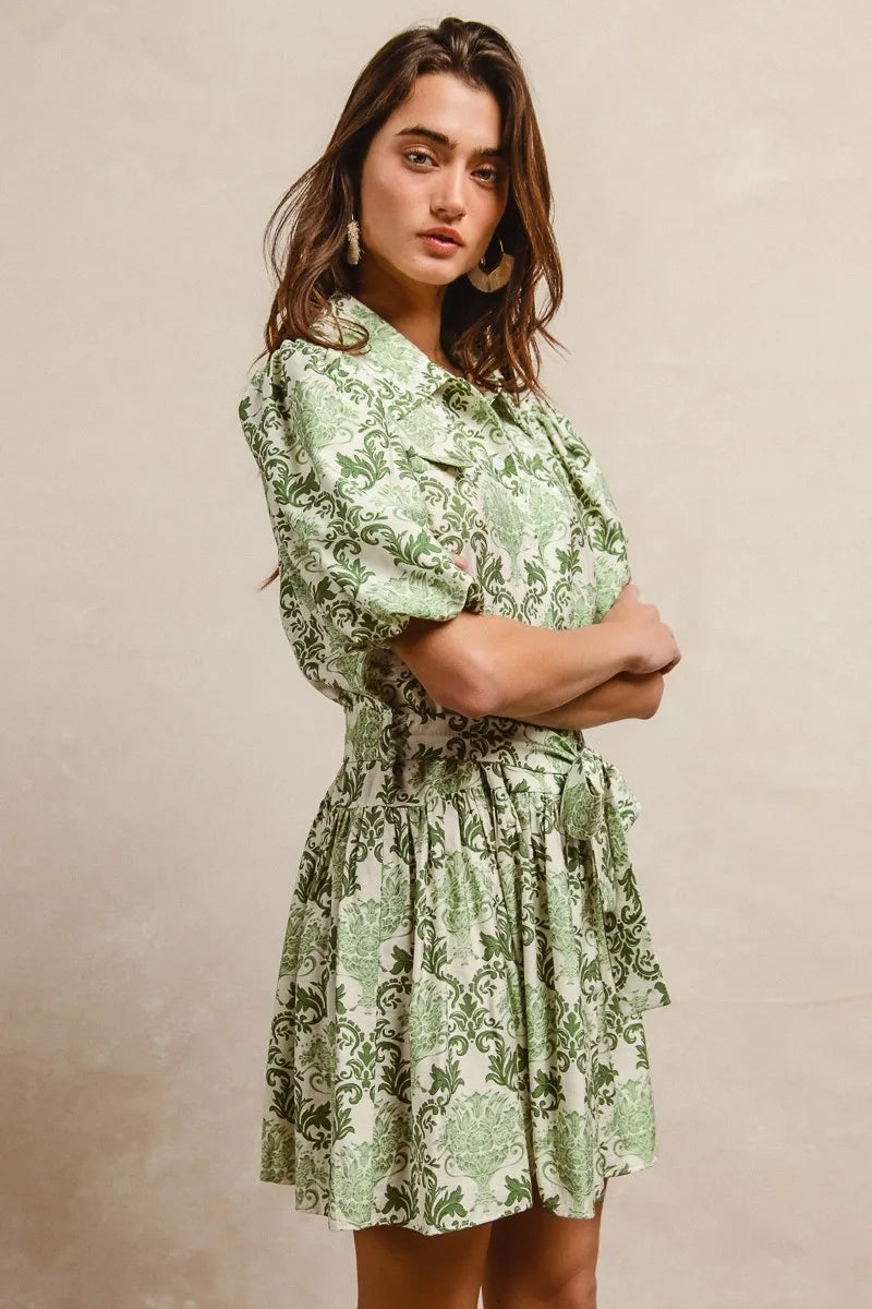 BiBi Tied Floral Short Sleeve Mini Shirt Dress in Green & Cream
